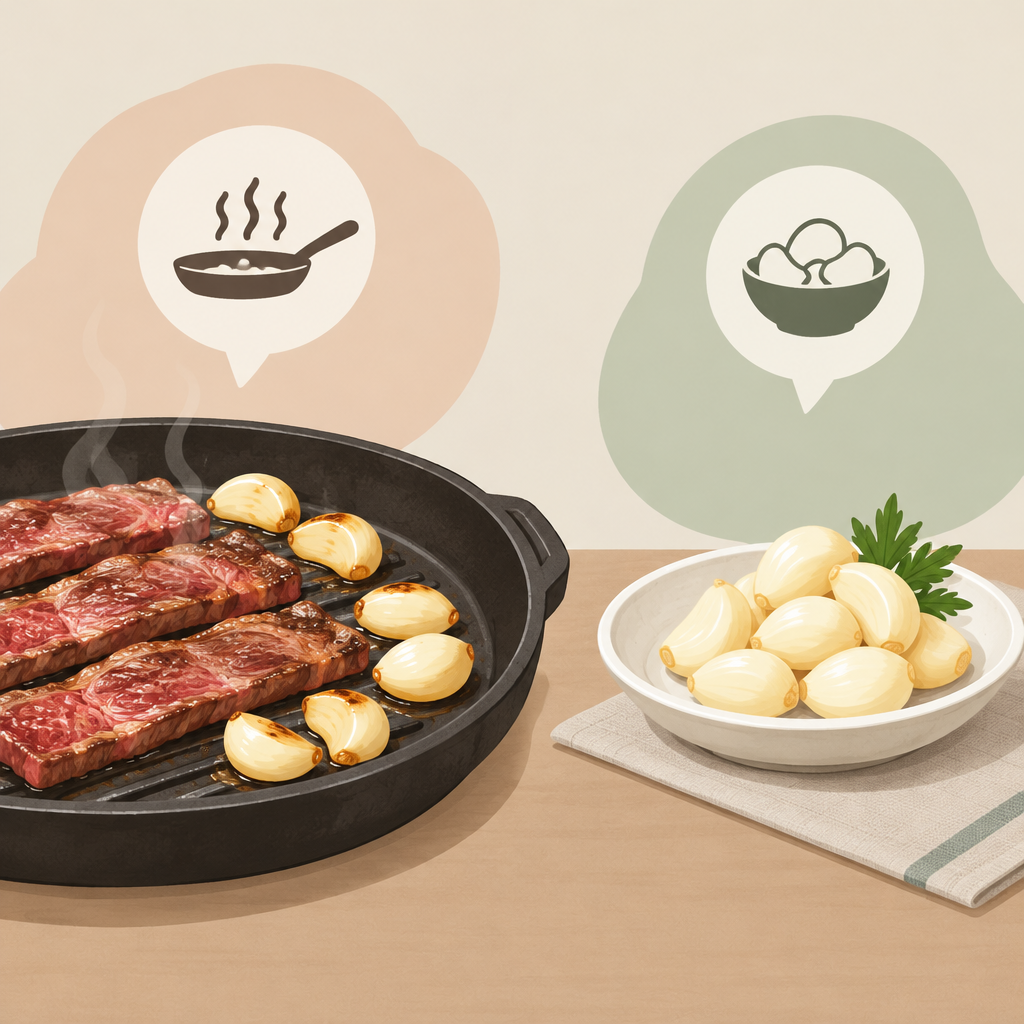 AI 생성 설명 이미지: 안산일동맛집 유니드정육식당 | 통마늘은 조리 재료일까, 곁들임일까?